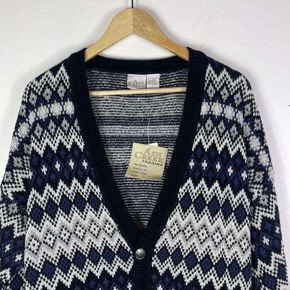 Vtg Ash Creek Men’s Cardigan Sweater L Geometric Grandpacore Dead Stock Preppy